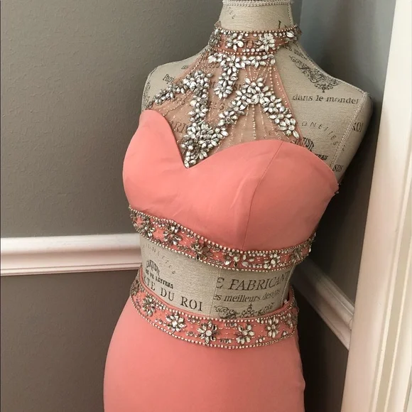 NEW ALYCE PARIS SZ 6 PINK CORAL TWO PIECE BEAD ILLUSION FORMAL EVENING GOWN - Picture 7 of 15